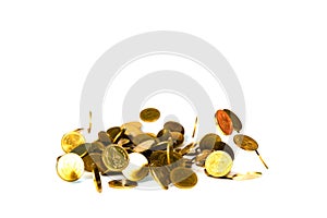 Movement of falling gold coin, flying coin, rain money isolated on white background, business and financial wealth and take profit