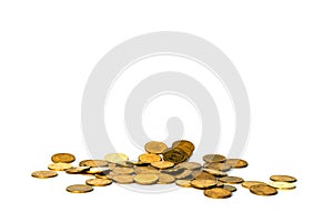 Movement of falling gold coin, flying coin, rain money isolated on white background, business and financial wealth and take profit