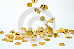 Movement of falling gold coin, flying coin, rain money with soft shadow on white background, business and financial wealth and