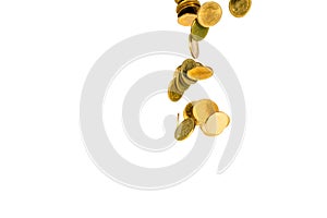 Movement of falling gold coin, flying coin, rain money isolated on white background, business and financial wealth and take profit