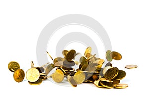 Movement of falling gold coin, flying coin, rain money isolated on white background, business and financial wealth and take profit