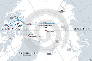 Movement of North Magnetic Pole, magnetic North pole, gray political map