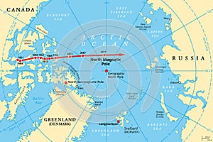 Movement of North Magnetic Pole, magnetic North pole positions, political map