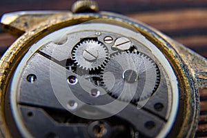 The movement of an old mechanical watch.