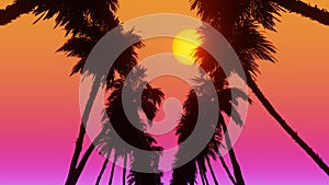 Movement through palm alley bottom view of coconut palm trees in sunshine. 3d Synthwave animated background. Seamless