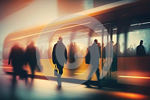 Movement of passengers in a metro station with motion blur. Generative AI