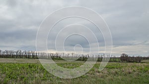 The movement of the thunderclouds over the fields of winter wheat in early spring in the vast steppes of the Don.