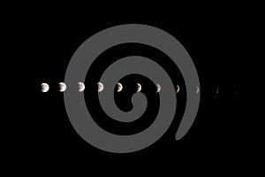 Movement and timeline of moon phases, transform of total lunar eclipse at night