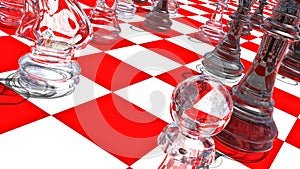 Movement of a view along the glass pieces on the red-white chessboard. 3D-Rendering. UHD - 4K