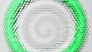 Movement of a wall of hexagons in waves up and down, which creates green self-luminous hexagons. Abstract futuristic