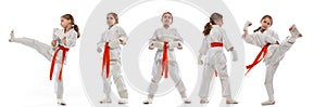 Movements. Sport collage with little girl, young karate in sports uniform posing isolated over white background.