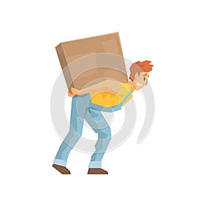 Mover Carrying A Large Box On His Back, Delivery Company Employee Delivering Shipments Illustration