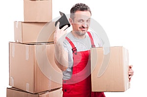 Mover guy holding box and throwing his empty wallet