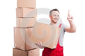Mover guy holding cardboard box using invisible touch screen