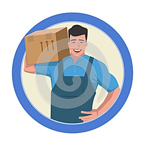 A mover in a T-shirt and blue overalls with a box in his hands stands and smiles. Front view