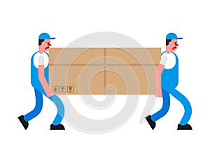 Movers and large box. Porters carry box. Delivery service. Loader mover man holding. Moving Vector illustration