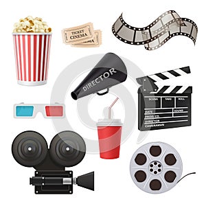Movie 3d icons. Camera cinema stereo glasses popcorn clapper and megaphone for film production vector realistic pictures