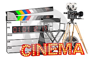 Movie camera, film reel, chair, megaphone and digital clapperboard with cinema signboard. Cinema concept, 3D rendering