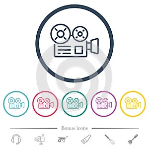 Movie camera outline flat color icons in round outlines