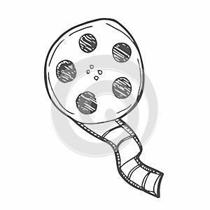 Movie camera reel hand drawn outline doodle icon. Motion movie, film and cinema camera reel vector sketch illustration for print,