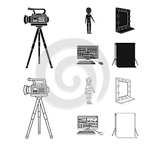 A movie camera, a suit for special effects and other equipment. Making movies set collection icons in black,outline