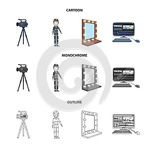 A movie camera, a suit for special effects and other equipment. Making movies set collection icons in cartoon,outline