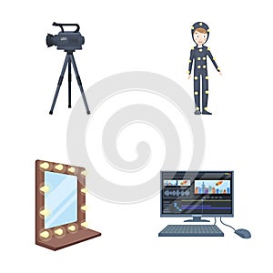 A movie camera, a suit for special effects and other equipment. Making movies set collection icons in cartoon style