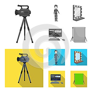 A movie camera, a suit for special effects and other equipment. Making movies set collection icons in monochrome,flat