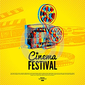 Movie cinema festival poster. Vector background with hand drawn sketch illustrations
