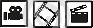 Movie cinema icons - camera, film reel and clapperboard