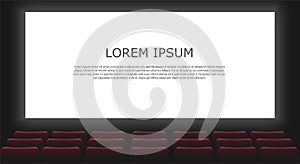 Movie cinema premiere poster design with screen and auditorium. Rows of cinema or theater seats with people looking at the screen