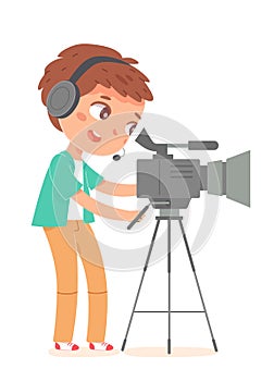 Movie cinema production and kid cameraman, operator videographer boy recording video film