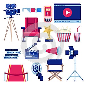 Movie and cinema theater vector flat icons set. Video and film production design elements. Multimedia maker equipment