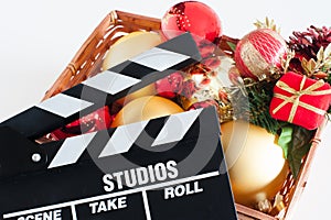 Movie clapper board and christmas decoration