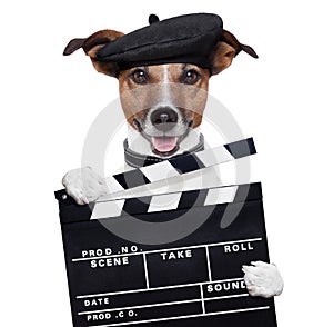 Movie clapper board director dog