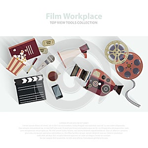 Movie clapper and film reel. Film strip and tickets. Cinema attributes in flat style design. Film crew, movie equipment