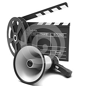 Movie clapper and film strip