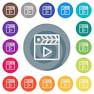 Movie clapper outline flat white icons on round color backgrounds photo