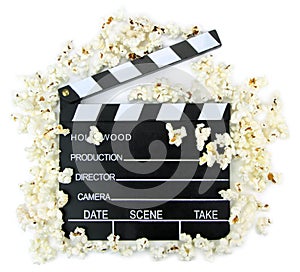 Movie clapper with popcorn