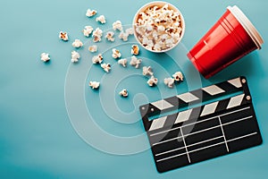 Movie Clapper, Popcorn, and Red Cup on Blue Background