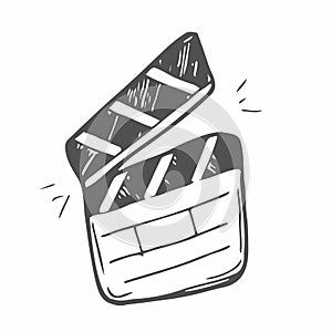 Movie clapperboard doodle icon. Film set clapper for cinema production. Board clap for video clip scene start. Lights, camera,