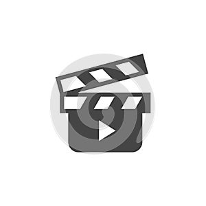 Movie clapperboard glyph icon. Cinema symbol. Clapper board flat logo. Tool to shoot video scenes, cinematography label photo