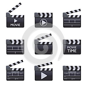 Movie clapperboards. Cinema wooden clapper with titles, filmmaking symbols. Moviemaking clappers vector illustration