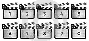 Movie Countdown. Film clapper board. Old film movie timer count. Vintage cinema. Number count. Vector illustration.