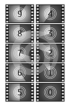Movie countdown frame. Vintage silent film and blank full frame still photography film. Old film movie timer count. Vector