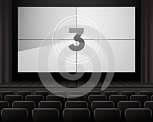 Movie Countdown. Movie cinema premiere on big screen. Old film movie timer count. Vintage cinema. Number count. Vector