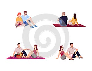 Movie date couples semi flat RGB color vector illustration set