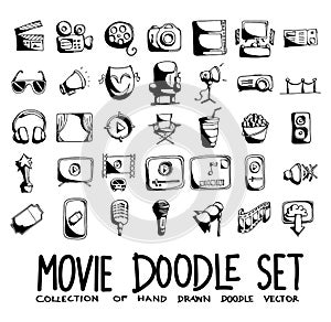 Movie Doodle vector icon set. Drawing sketch illustration hand drawn line eps10