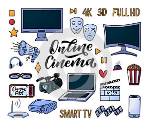 Movie elements in doodle style on white background. Graphic cartoon illustration. Hand drawing line art icon. Template for Online