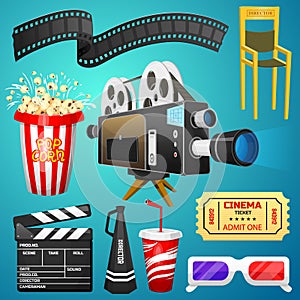 Movie elements set. Vintage cinema, entertainment and recreation with popcorn. Retro poster background. Clapperboard and